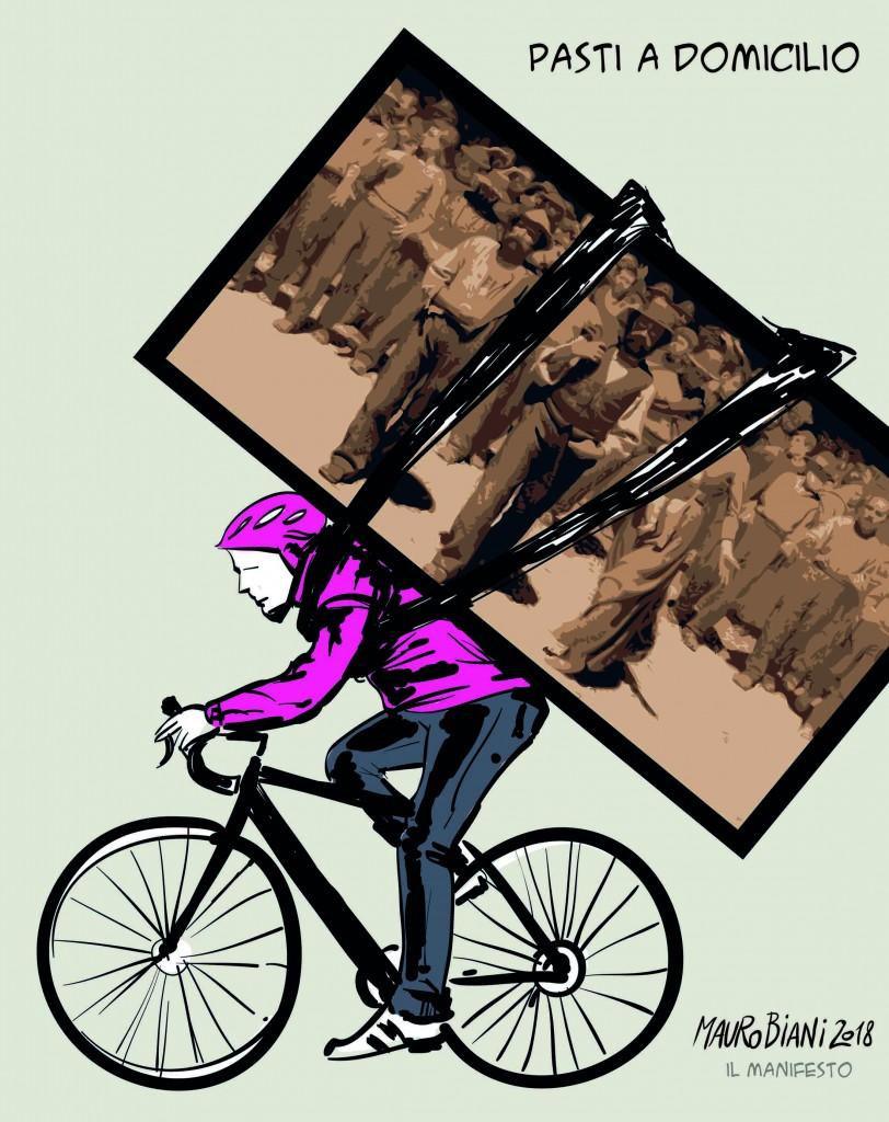 bici rider consegne lavoro vignetta biani il manifesto 1 maggio