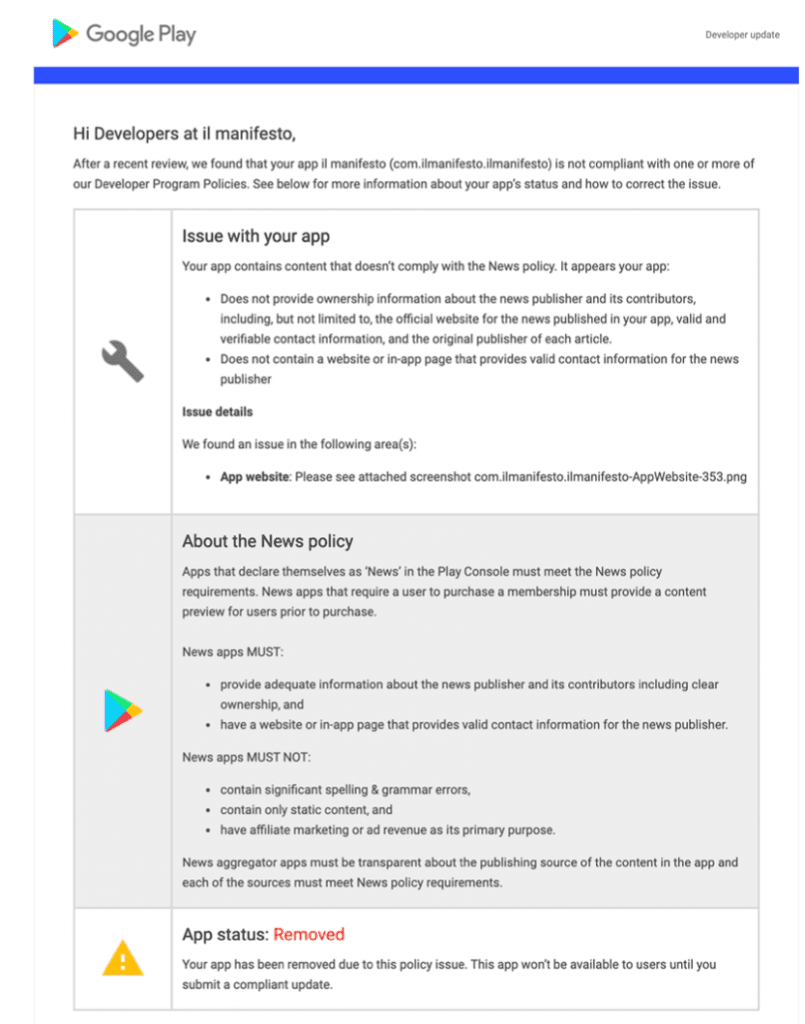 Google rimuove senza preavviso la app del manifesto dal Play Store