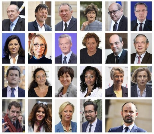 Una combo del governo francese guidato dal primo ministro Edouard Philippe (in basso a destra). E' composto da 18 ministri e i quattro sottosegretari (11 donne e 11 uomini): PRIMA FILA, IN ALTO DA SX: G. Collomb, N. Hulot, F. Bayrou, S. Goulard, J-Y. Le Drian, R. Ferrand. SECONDA FILA, DA SX: A. Buzyn, F. Nyssen, B. Lae Maire, M. Penicaud, J.M. Blanquer, J. Mezard. TERZA FILA, DA SX: G. Darmanin, F. Vidal, A. Girardin, L. Flessel, E. Borne, M. de Sarnez. QUARTA FILA, IN BASSO DA SX: C. Castaner, M. Schiappa, S. Cluzel, M. Mahjoubi. Parigi, 17 maggio 2017. ANSA.