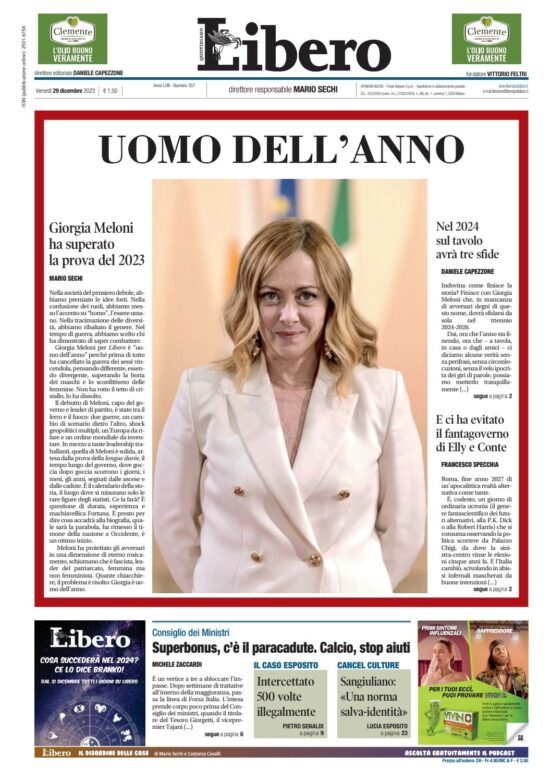 La prima pagina di Libero del 29 dicembre