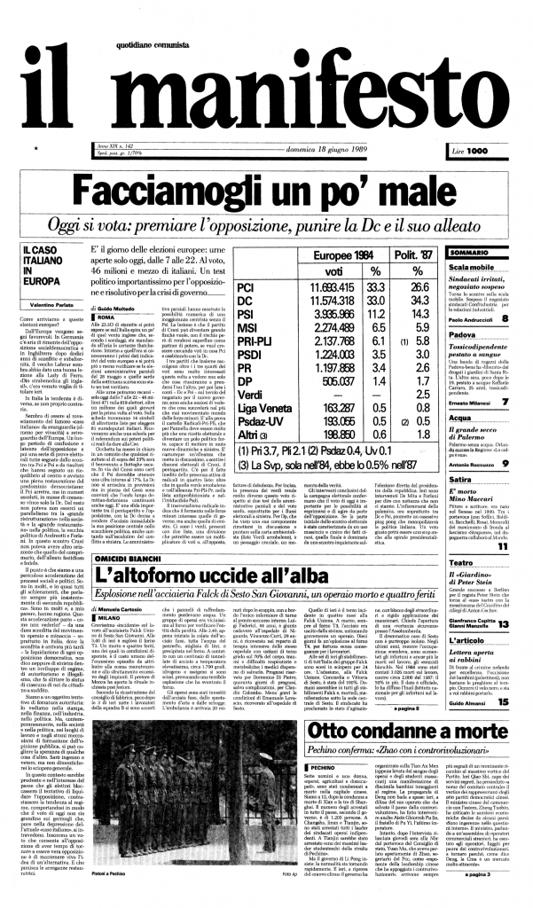 La copertina del manfiesto del 18 giugno 1989 sulle elezioni europee