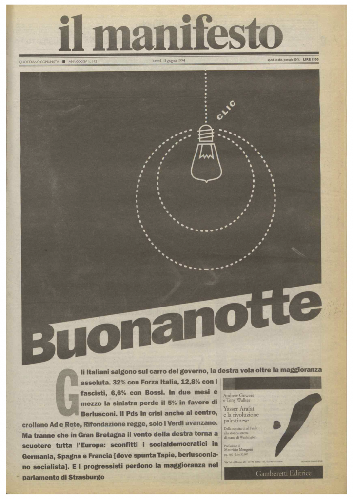 Buonanotte, la copertina del manifesto del 13 giugno 1994 sulle elezioni europee