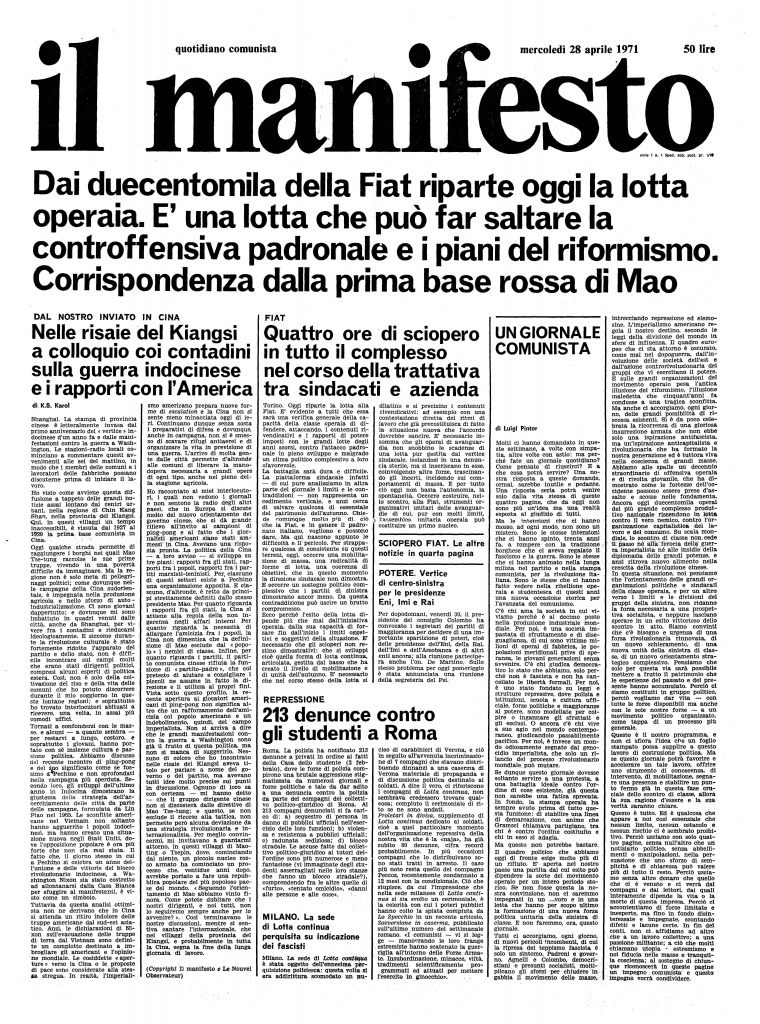 il primo numero del manifesto, 28 aprile 1971