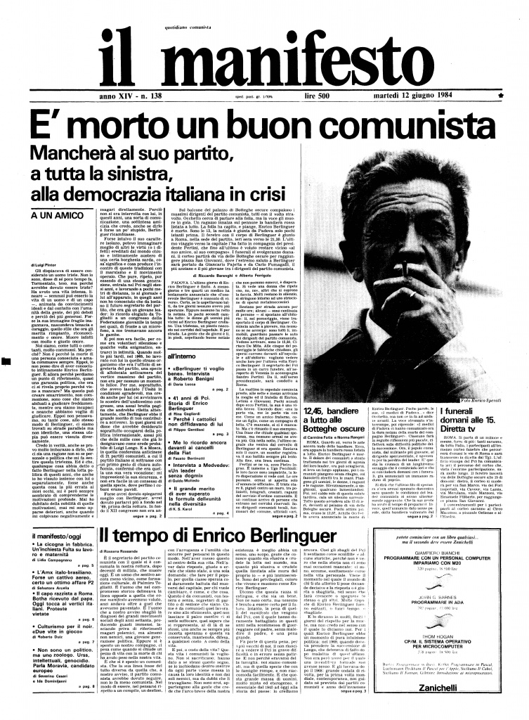 La copertina del manifesto del 12 giugno 1984 sulla morte di Enrico Berlinguer