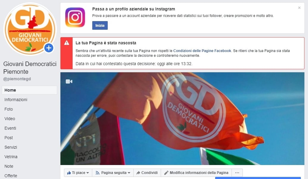 Oscurata la pagina Facebook dei Giovani Democratici piemontesi