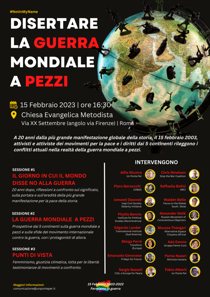 “Disertare la guerra mondiale a pezzi”: a Roma un evento pubblico 20 anni dopo il 15 febbraio 2003