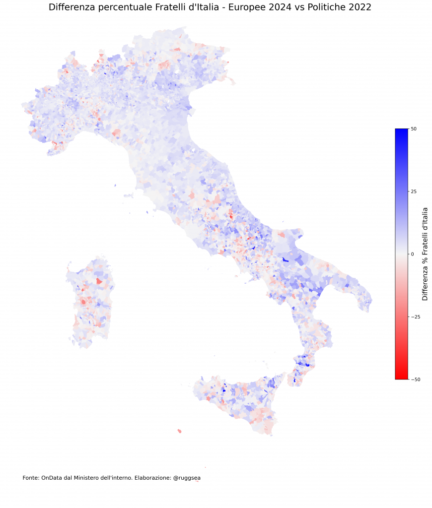 Trend Fratelli d'Italia per comune Europee 2024 su Politiche 2022