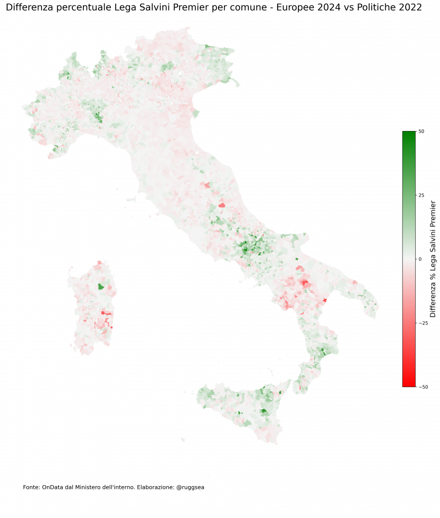 Trend Lega per comune Europee 2024 su Politiche 2022