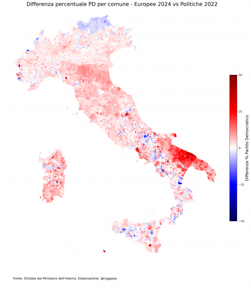 Trend Pd per comune Europee 2024 su Politiche 2022