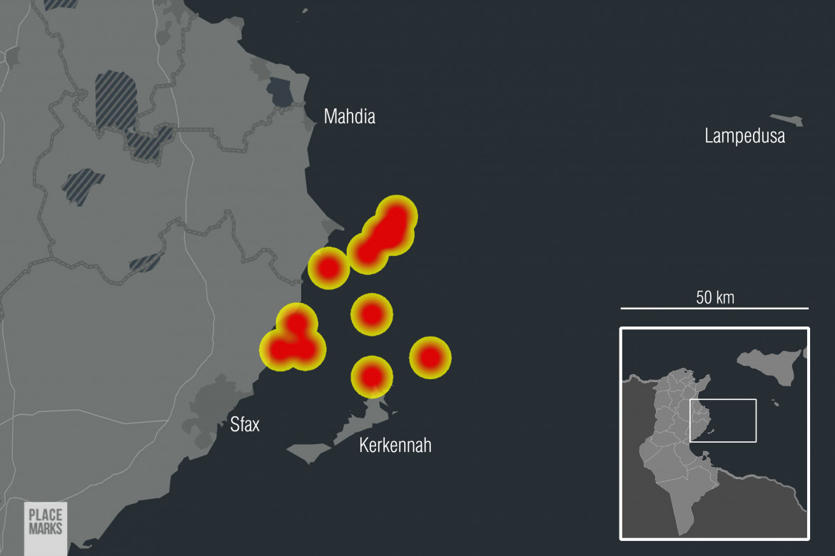 Mappa dei naufragi lungo la costa di Sfax nel 2023 (Foto Placemarks)