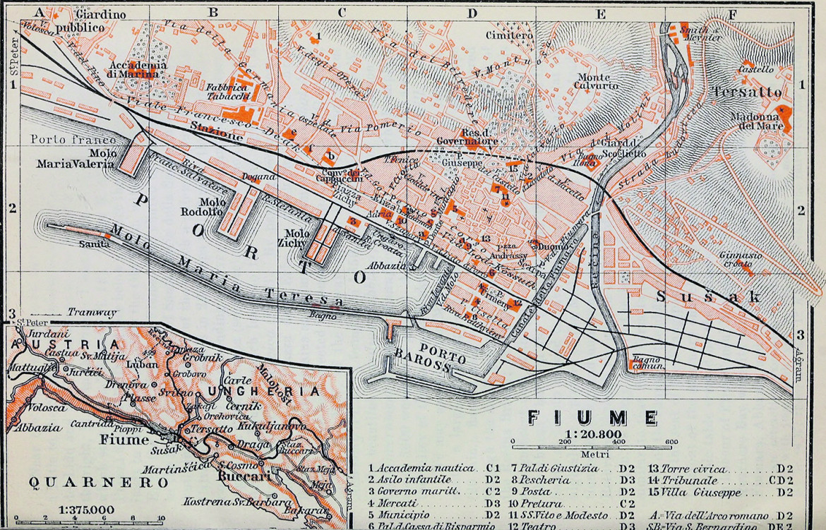 Cartina topografica di Fiume tratta dall’handbook for travellers di Karl Baedeker Austria-Hungary, Lipsia 1911