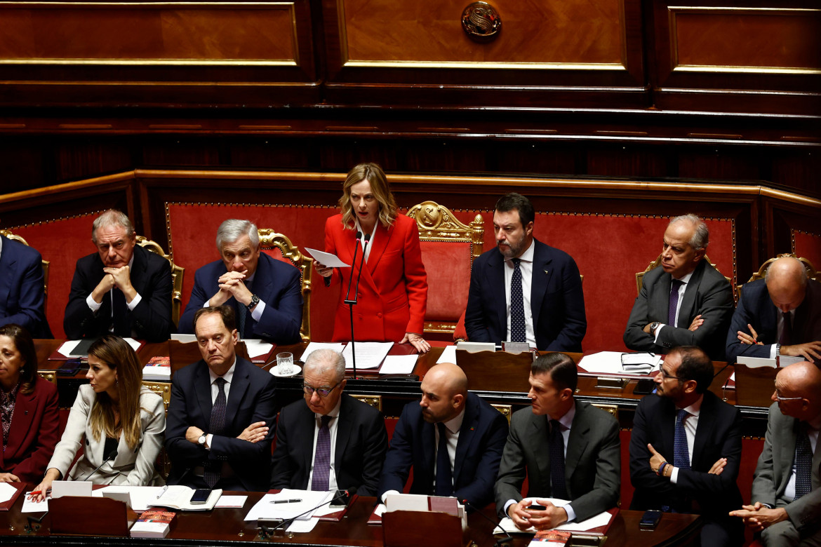 Giorgia Meloni durante un intervento al Senato foto Ansa