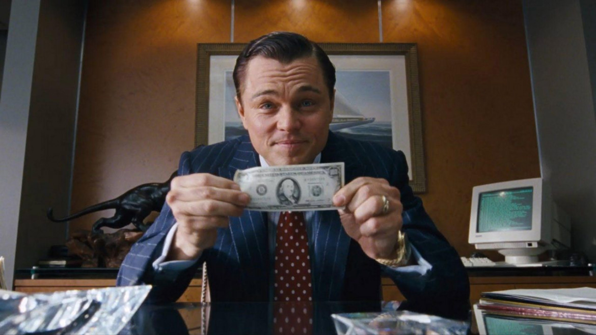 Leonardo Di Caprio in una scena di «The Wolf of Wall Street» diretto nel 2013 da Martin Scorsese