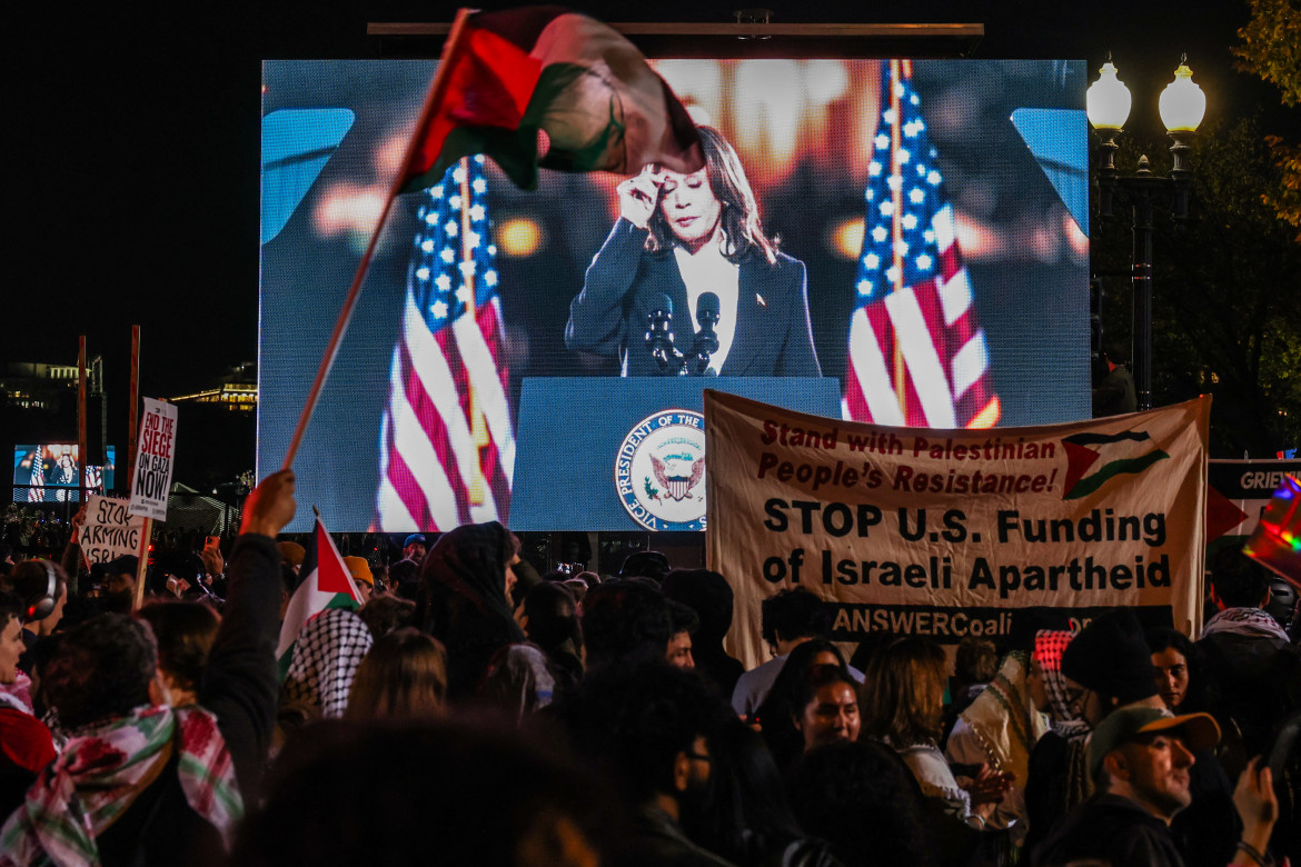 Manifestanti pro-Pal a un comizio di Harris a Washington foto Afp