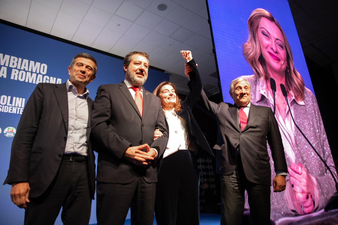 Maurizio Lupi, Matteo Salvini, Elena Ugolini e Antonio Tajani in occasione del comizio del centrodestra per le Regionali in Emilia Romagna, Bologna, - foto Max Cavallari /Ansa