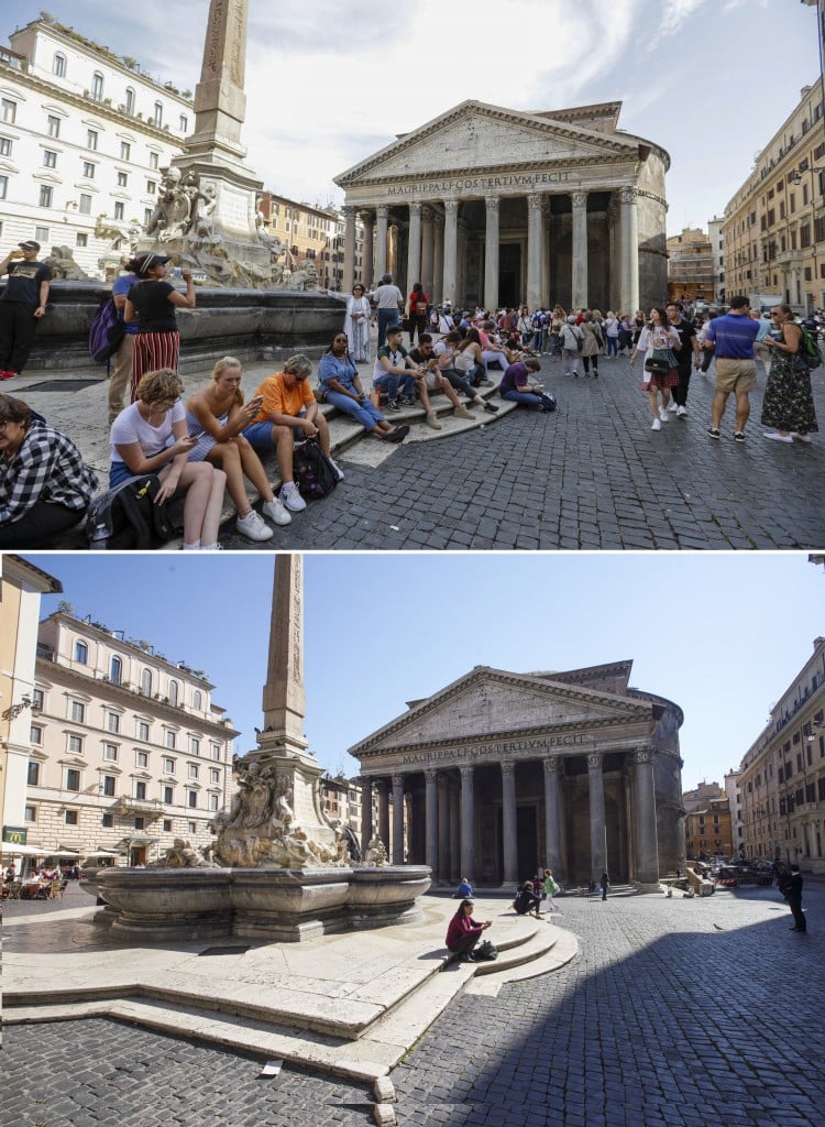 Il Pantheon a Roma nel 2019 e nel 2020, foto Ap