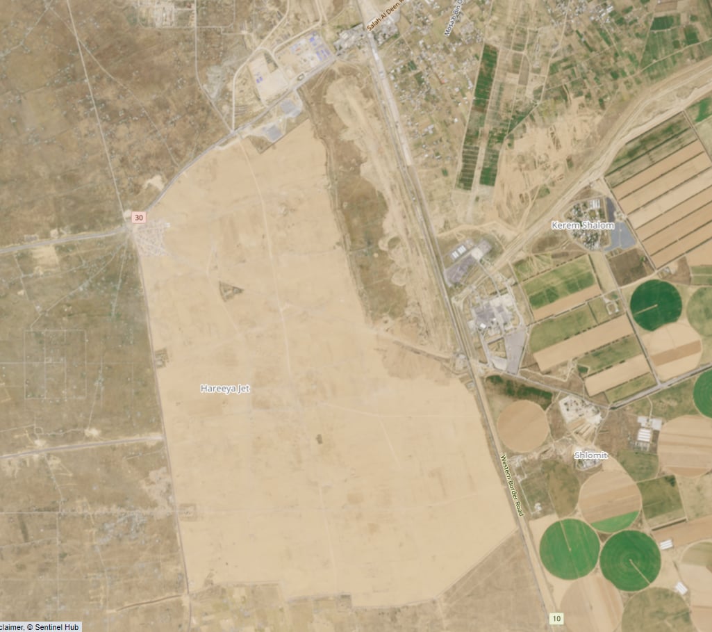 L'area di 16 km² in Egitto, al confine con Gaza, fotografata dal satellite il 29 febbraio, dopo i lavori (ESA/Copernicus/Sentinel-2)