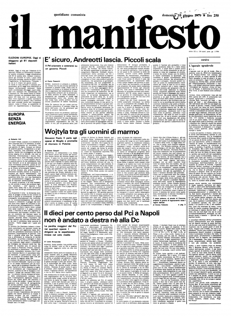 La copertina del manifesto del 10 giugno 1979, prime elezioni europee