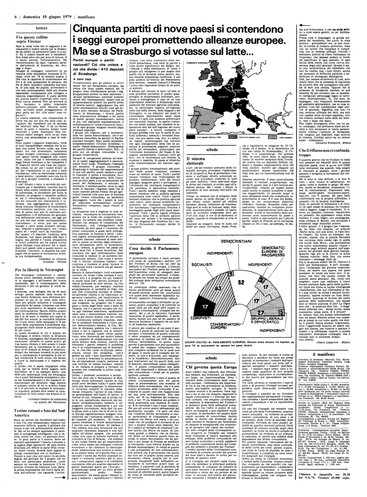 la pagina dell manifesto del 10 giugno 1979 sulle prime elezioni europee