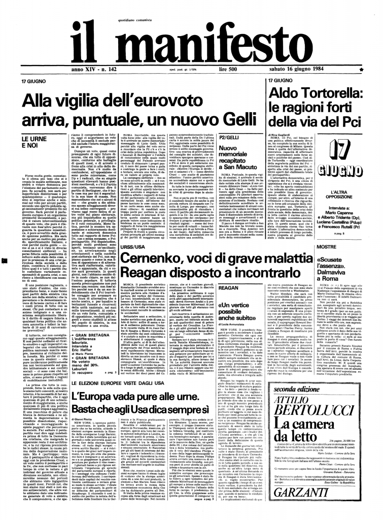 la copertina del manifesto del 16 giugno 1984 sulle elezioni europee