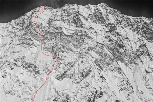South face of Annapurna showing the Benoist-Graziani ascent line. Lindsay Griffin