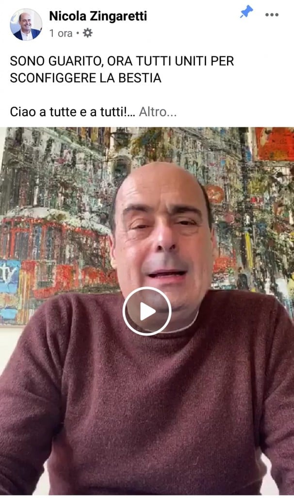 Zingaretti guarito: «Ora pensiamo all’Italia che verrà, restiamo uniti»