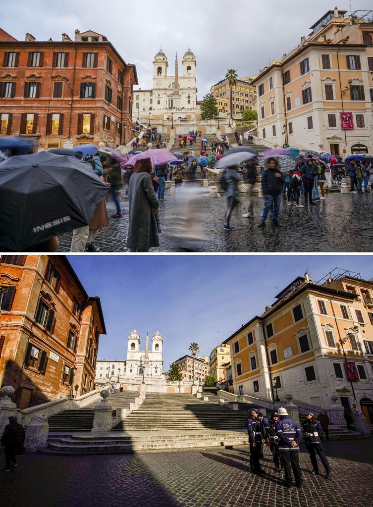 Piazza di Spagna a Roma nel novembre 2019 e a marzo 2020, foto Ap