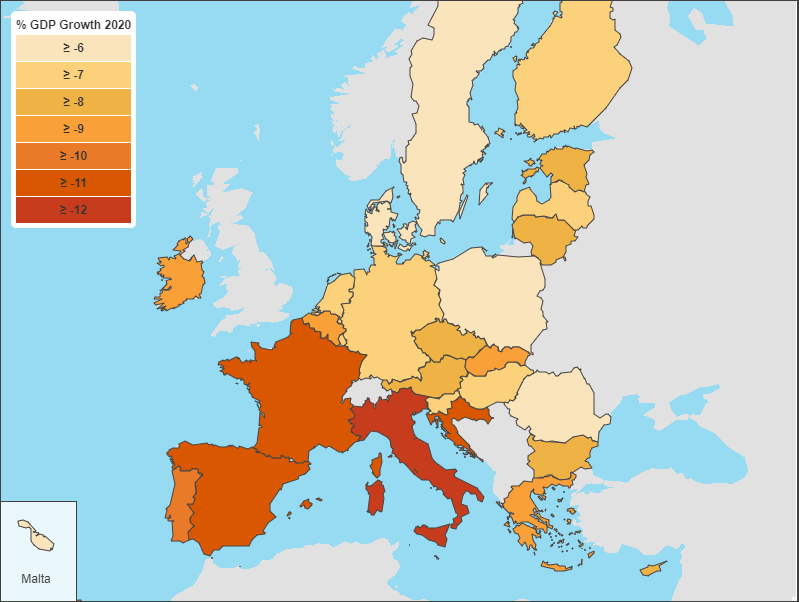 Mappa previsioni economiche d'estate della Commissione Europea