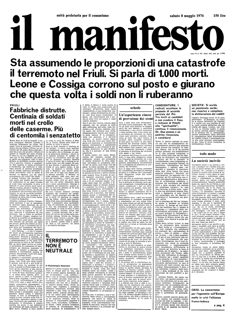 6 maggio 1976, terremoto in Friuli, la prima pagina del manifesto dell'epoca
