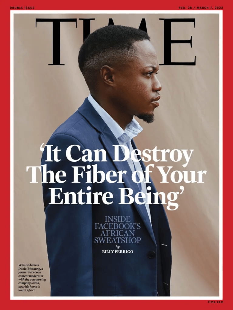 La copertina di «Time» del febbraio 2022 con la denuncia di Daniel Motaung contro Facebook e Sama