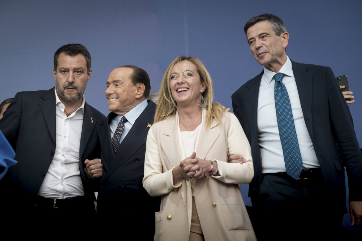 Salvini, Berlusconi, Meloni e Lupi alla chiusura della campagna elettorale a Roma, foto Valerio Ferraro /Getty Images