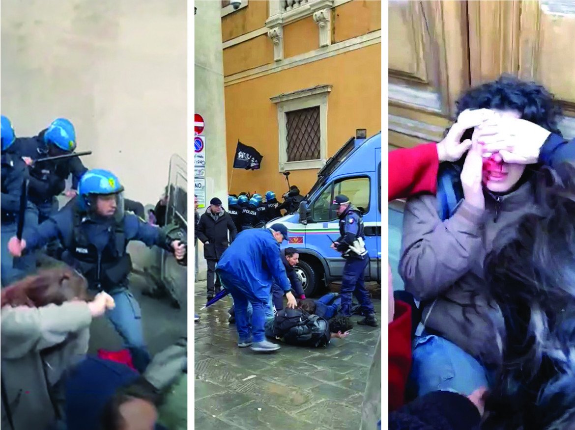 Due frame delle cariche della polizia a Pisa e un’immagine della ragazza ferita a Firenze