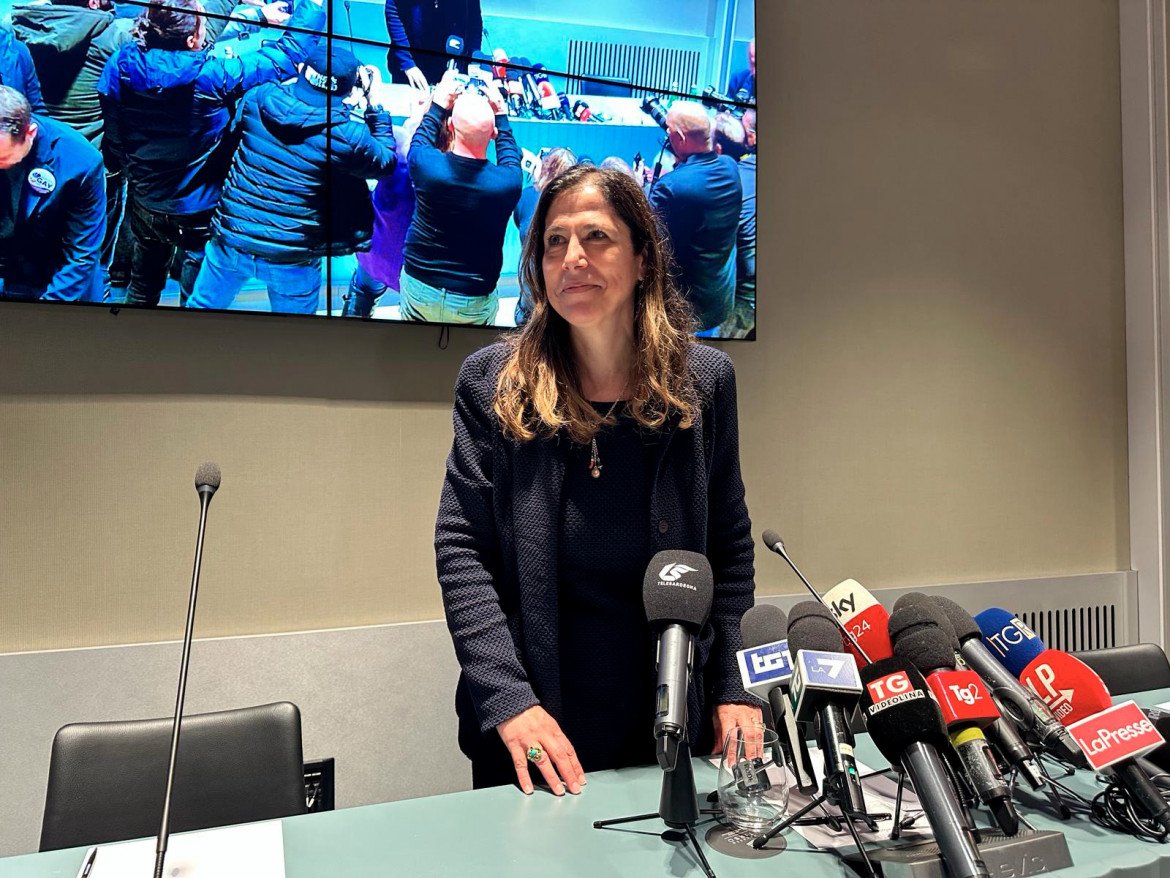 La conferenza stampa di Alessandra Todde dopo la vittoria foto LaPresse