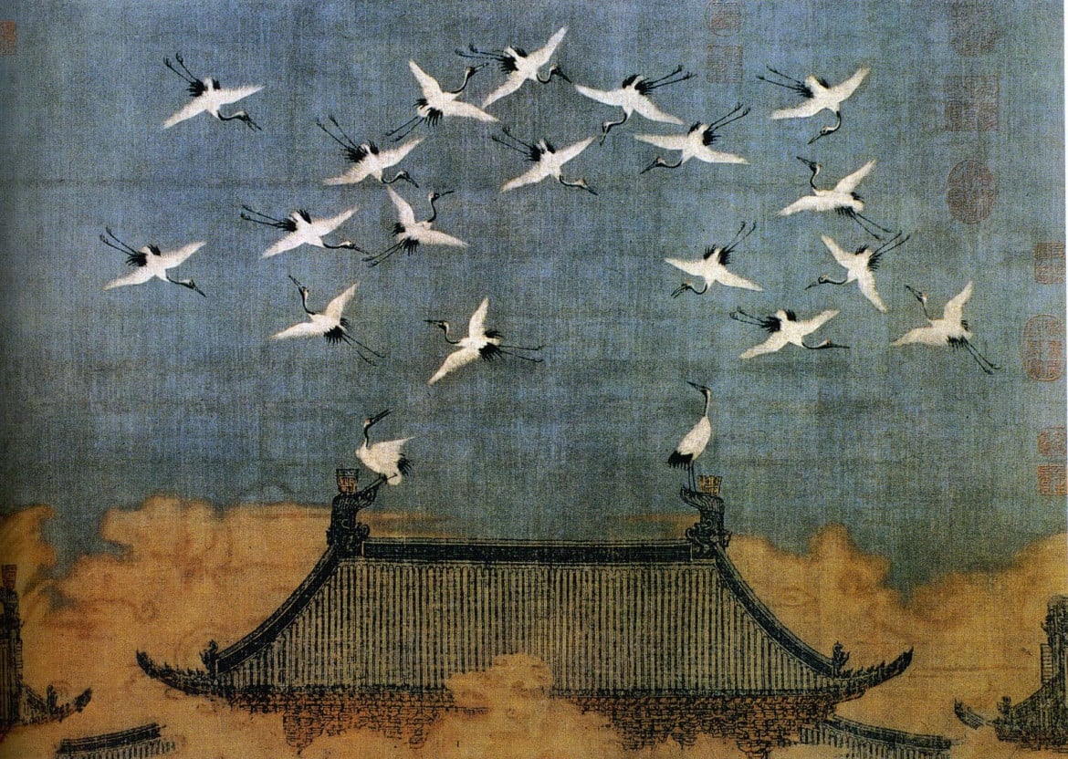 Stormo di gru augurali in volo sopra un edificio Song, dipinto del XII secolo (1112 d.C.)