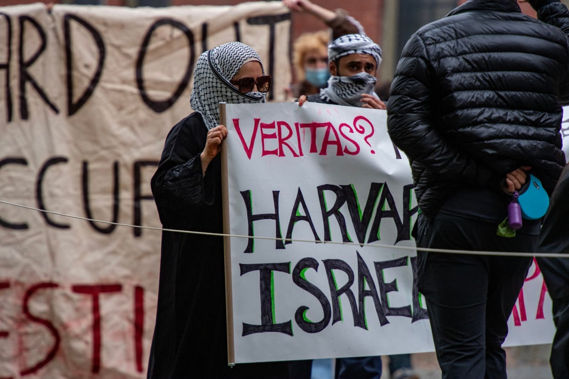 Manifestanti pro Palestina nel cortile dell'università di Harvard, Stati Uniti