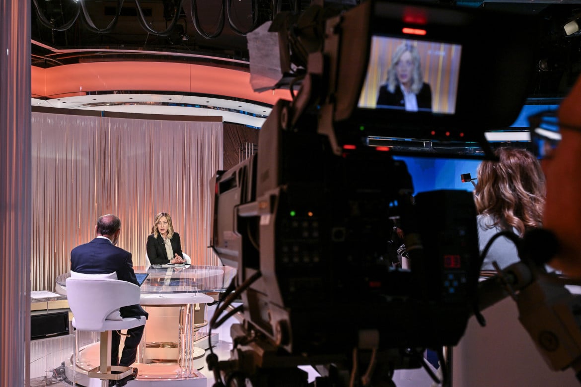 La presidente del Consiglio Giorgia Meloni durante una trasmissione Tv