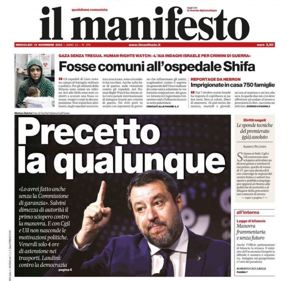 15 novembre 2023: la prima de Il Manifesto - Salvini 