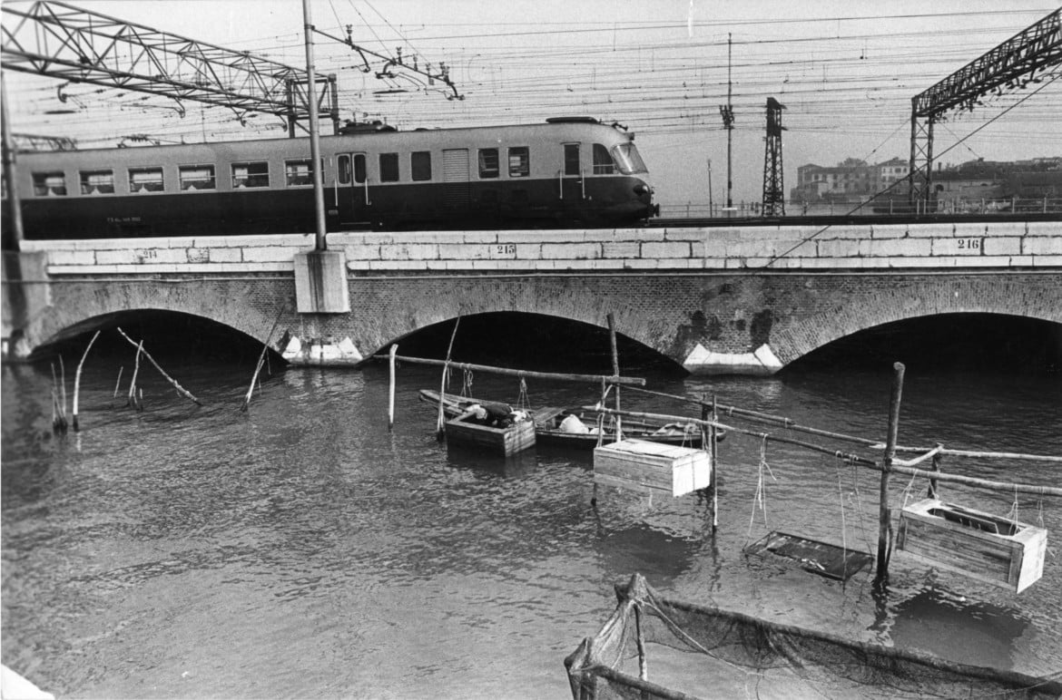 Treno in arrivo a Venezia da Mestre, anni 80