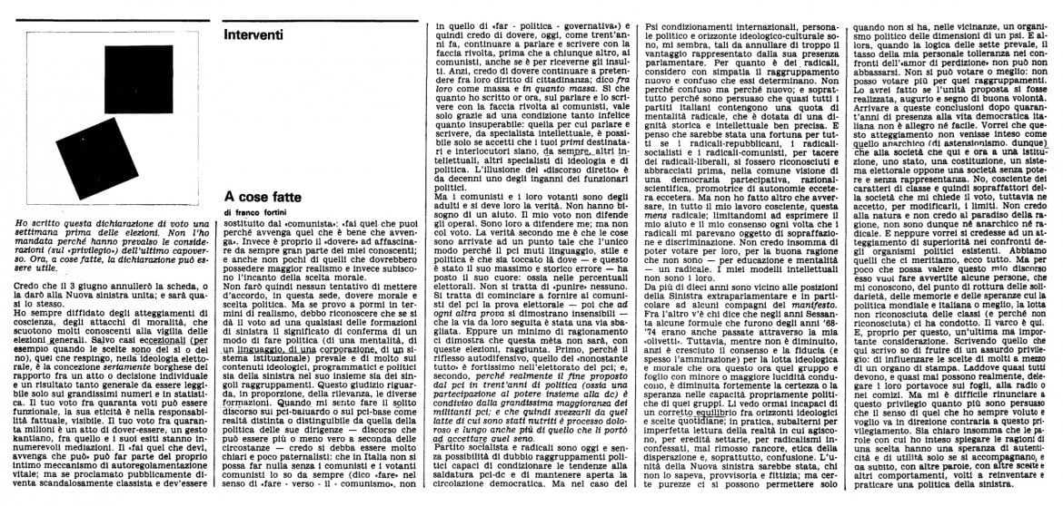 Un articolo di Franco Fortini del 10 giugno 1979 sulle elezioni politiche di una settimana prima