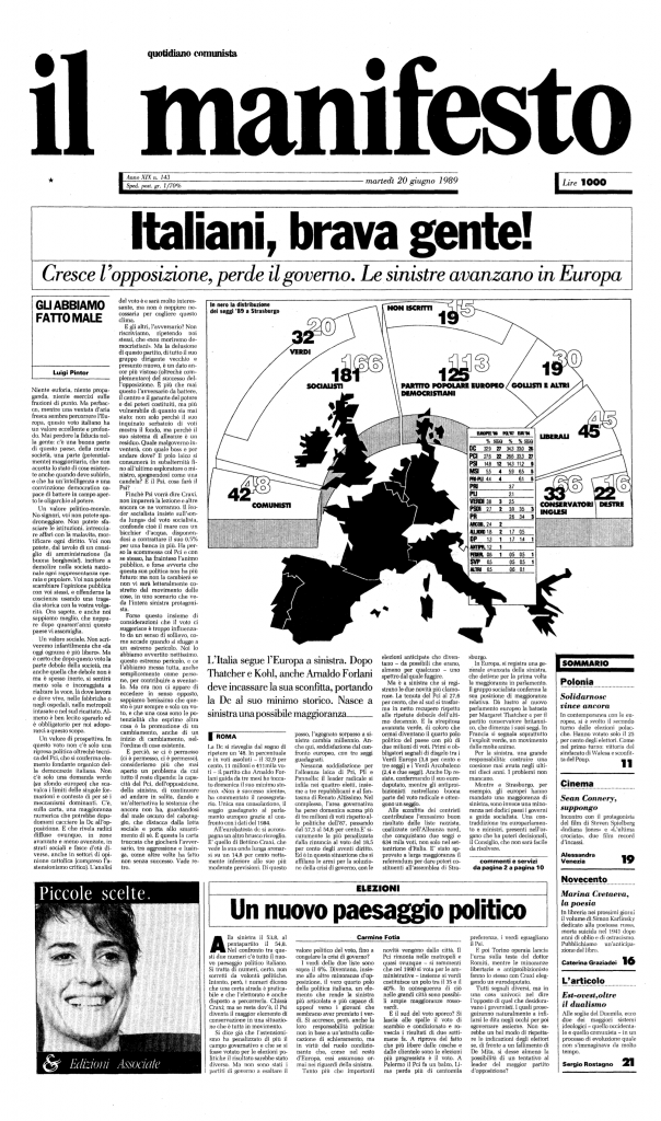 La copertina del manfiesto del 20 giugno 1989 sulle elezioni europee