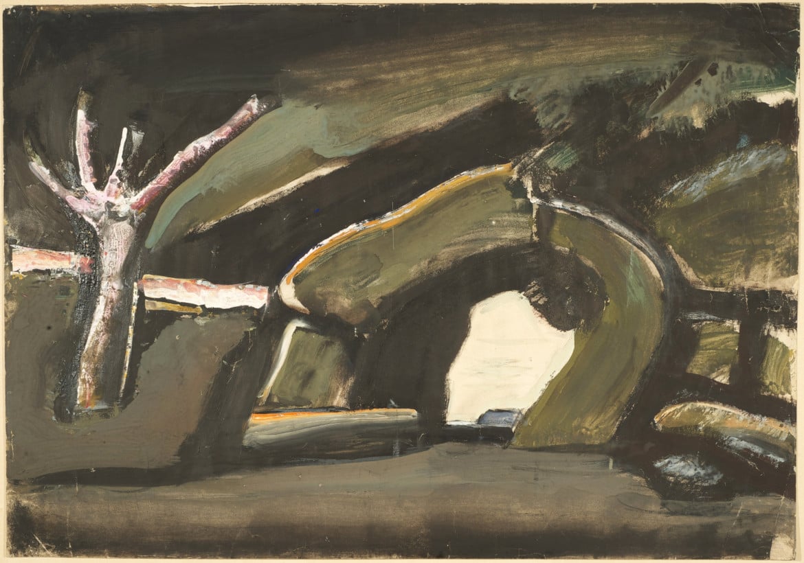 Mario Sironi, grotta dell’Eremita, bozzetto per l’atto III, quadro II dei Lombardi alla prima crociata (Solera Verdi), Maggio Musicale Fiorentino, 1948