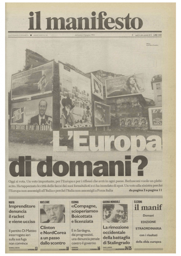 La copertina del manifesto del 12 giugno 1994 sulle elezioni europee