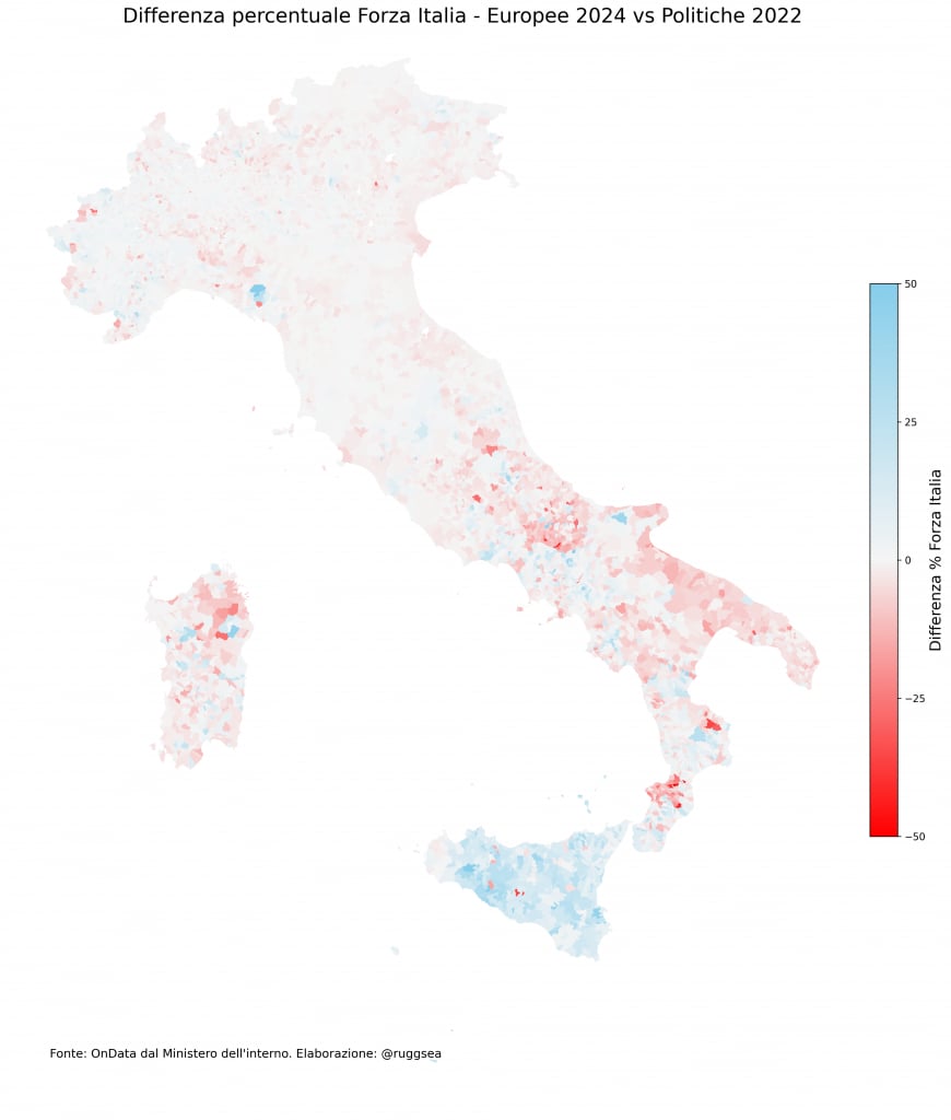 Trend Forza Italia per comune Europee 2024 su Politiche 2022