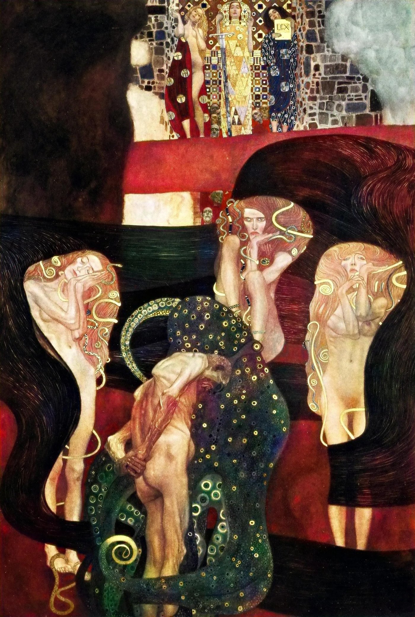 Gustav Klimt, «Giurisprudenza» da «I Quadri delle facoltà» (1899-1907) realizzati per l'Università di Vienna (i dipinti sono andati distrutti: qui un rendering con colorazione digitale)