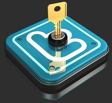 3d illustration of a large brass key inserted into a metallic Twitter logo on a dark gray reflective surface