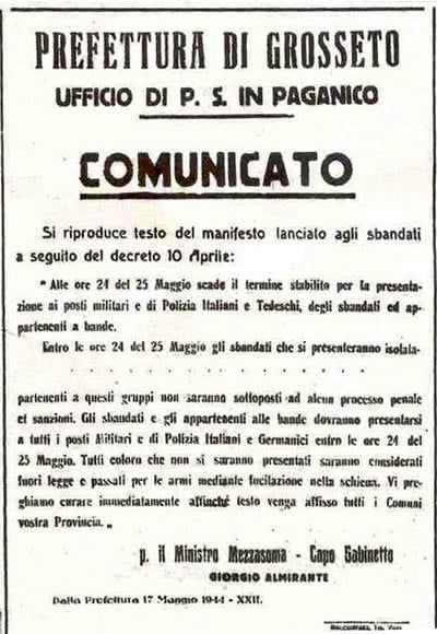 Il bando fascista firmato Mezzasoma e Almirante del 17 maggio 1944